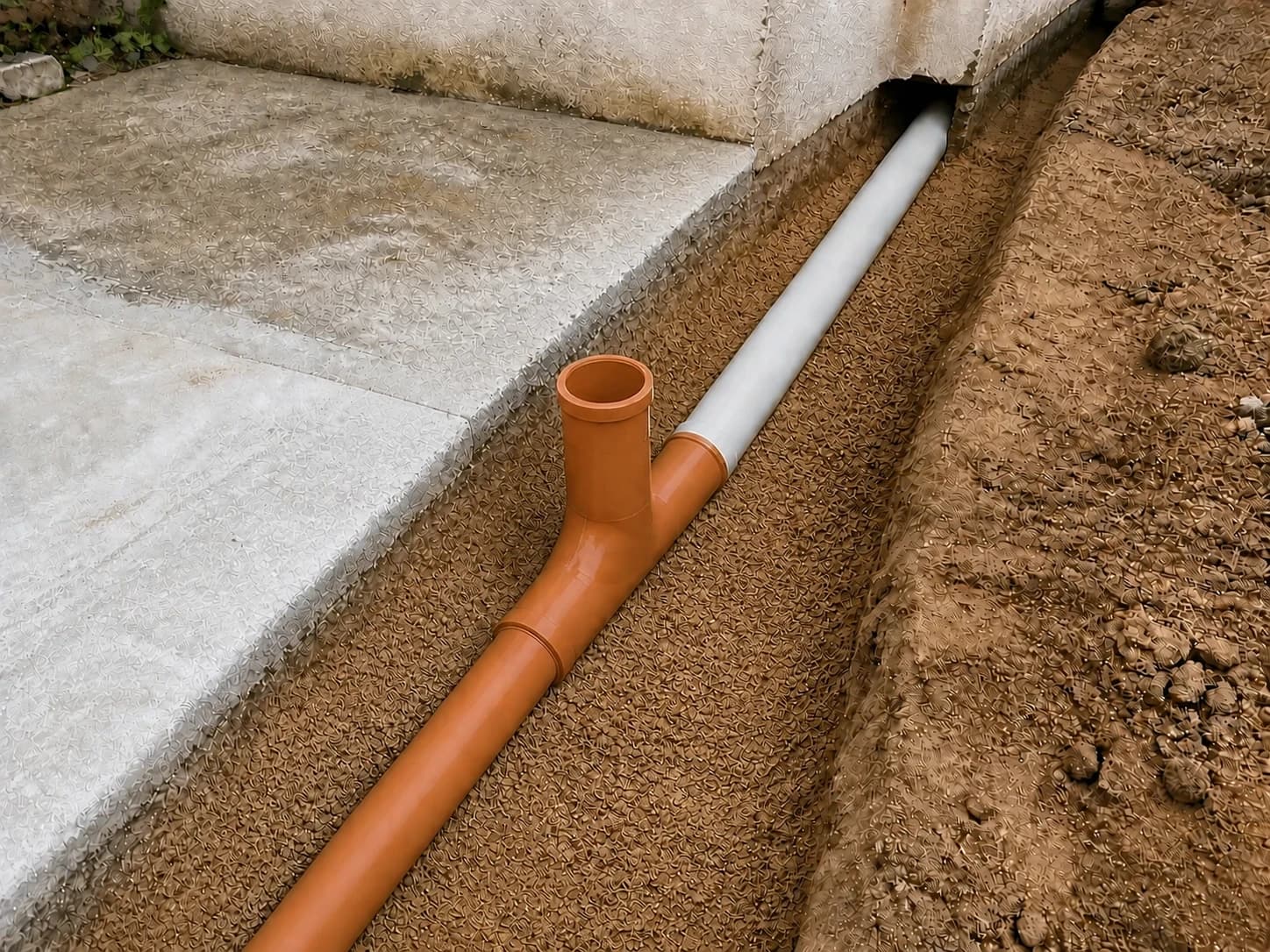 Ligação externa de esgoto com tubo PVC ocre em vala organizada
