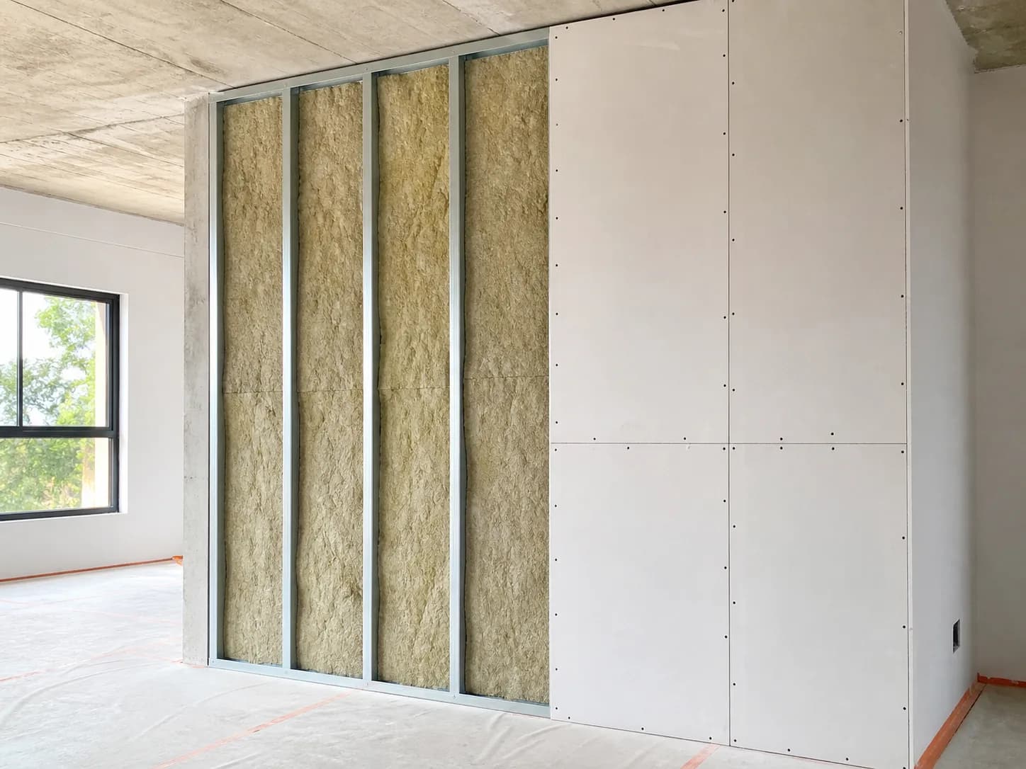 Divisória em drywall com perfis galvanizados, placas e lã mineral