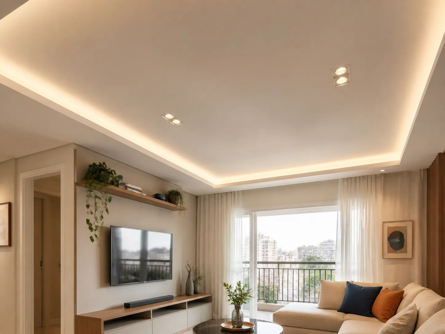 Sala com forro liso de drywall, iluminação indireta e spots embutidos