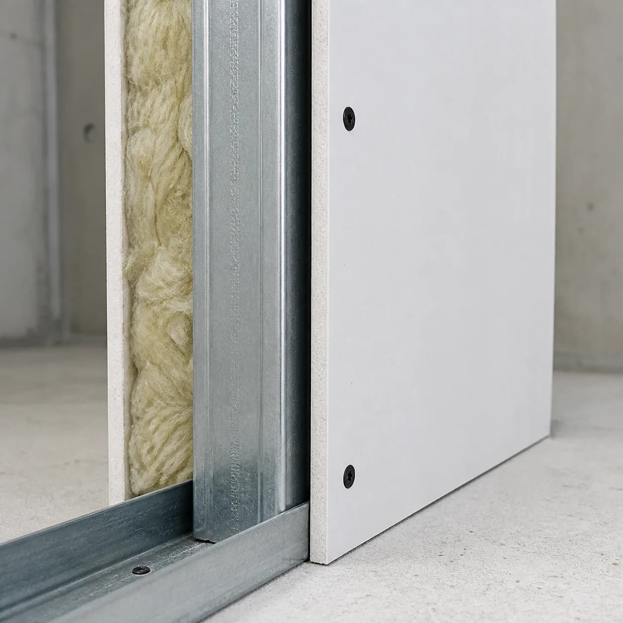 Detalhe de placa de drywall, perfil galvanizado e lã mineral