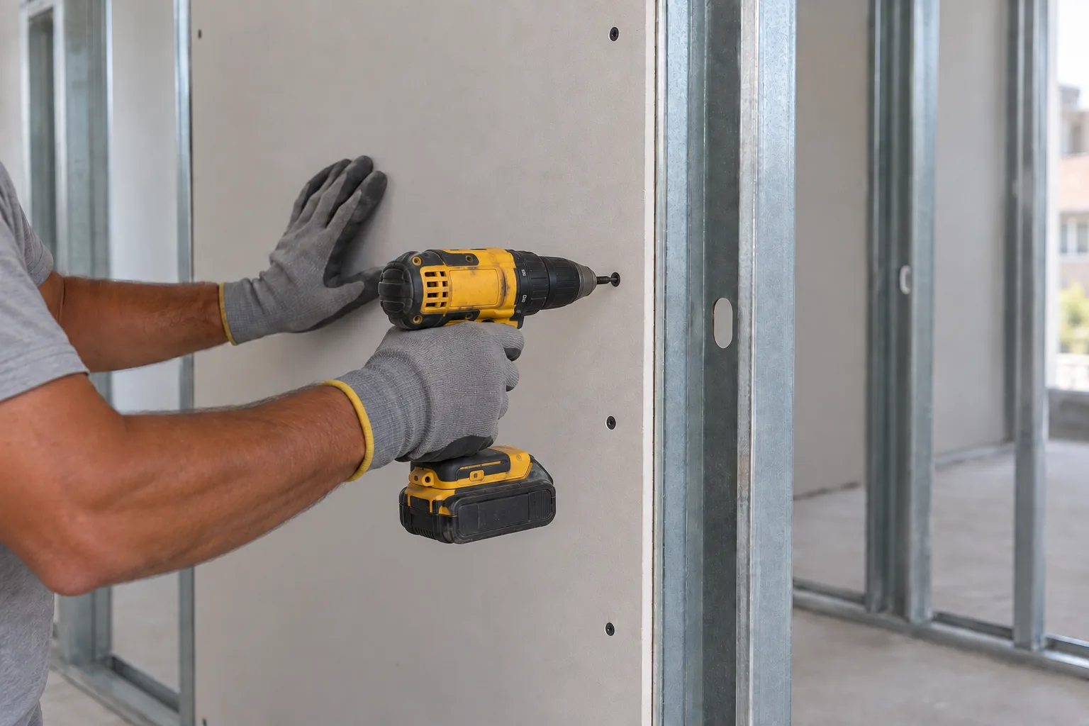 Fixação de chapa de drywall sobre o perfil metálico durante a montagem