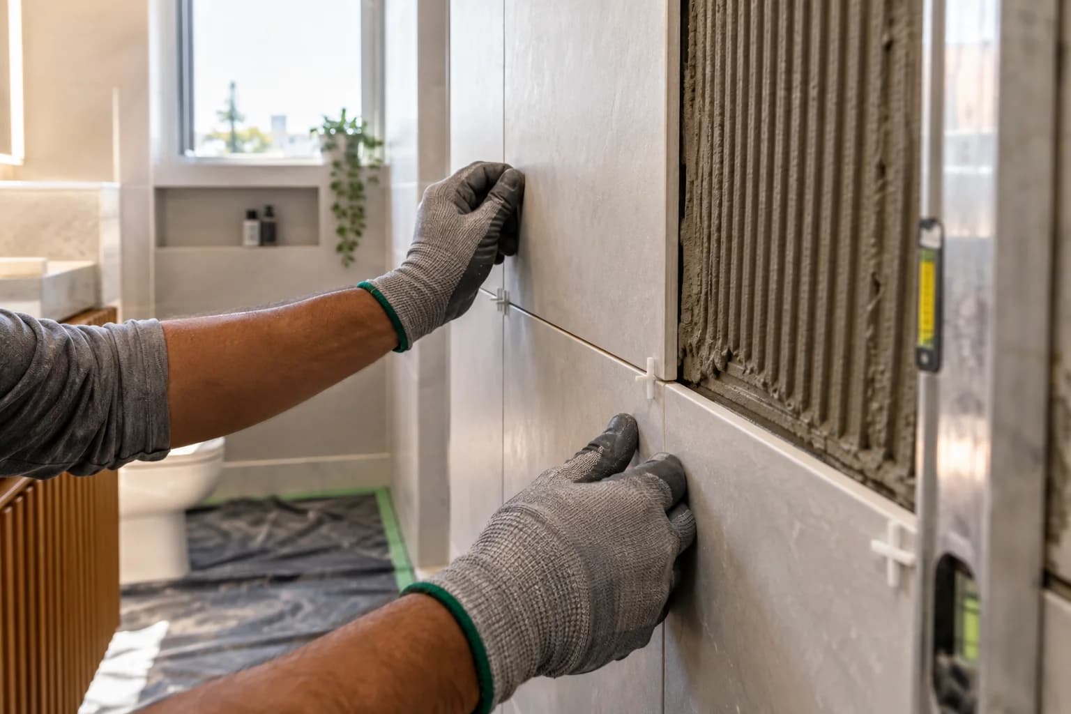 Execução de revestimento em reforma residencial