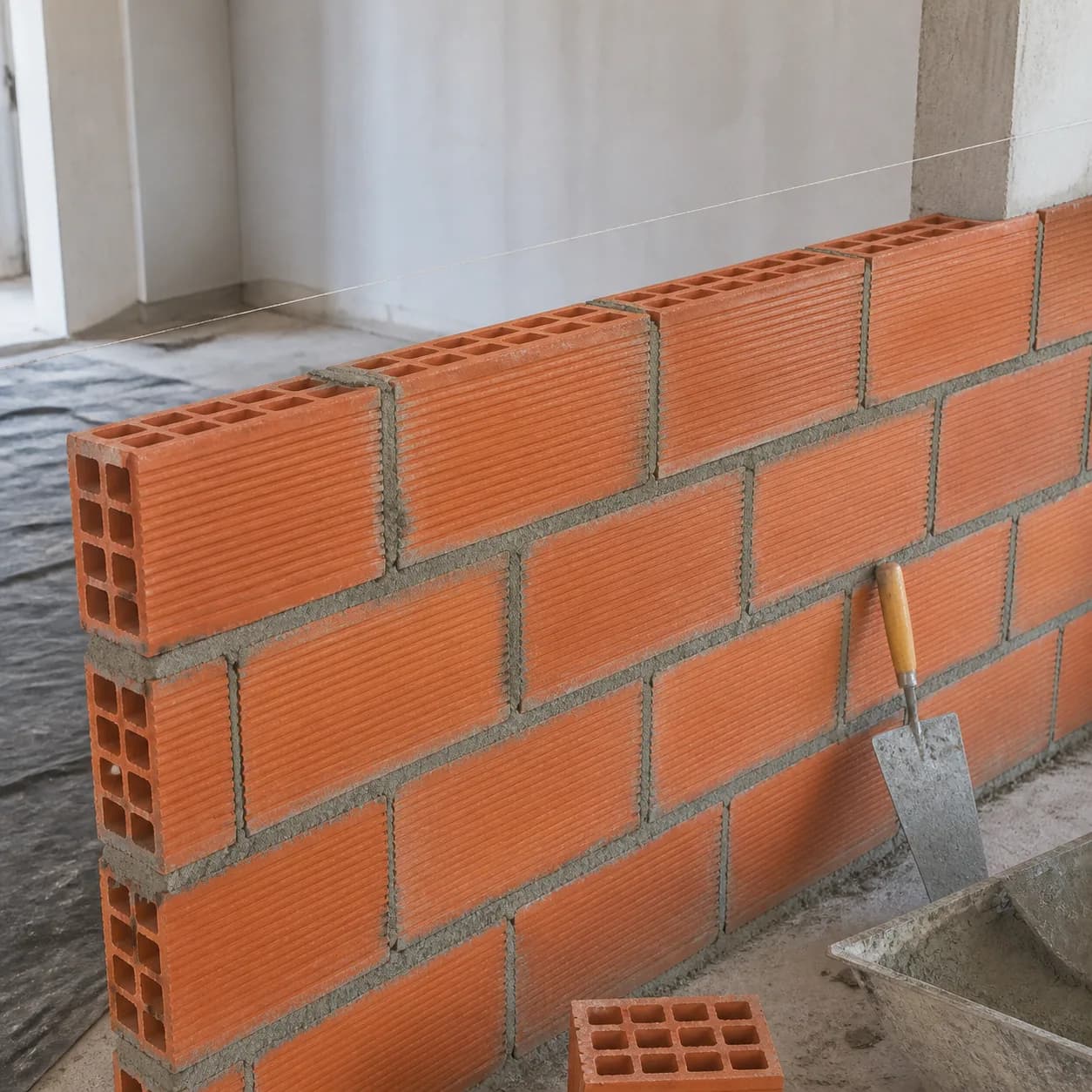 Alvenaria interna com tijolos cerâmicos furados e argamassa